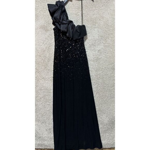 Mignon Maxi Gown Dress Women's 6 Black One Puff Shoulder Sequined Sheath Stretch - Picture 8 of 14
